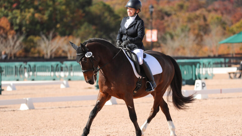 Ellen, a proud member of Strides, smiles in formal riding attire and helmet as she rides a dark brown horse in an outdoor dressage arena, framed by autumn trees in the background.