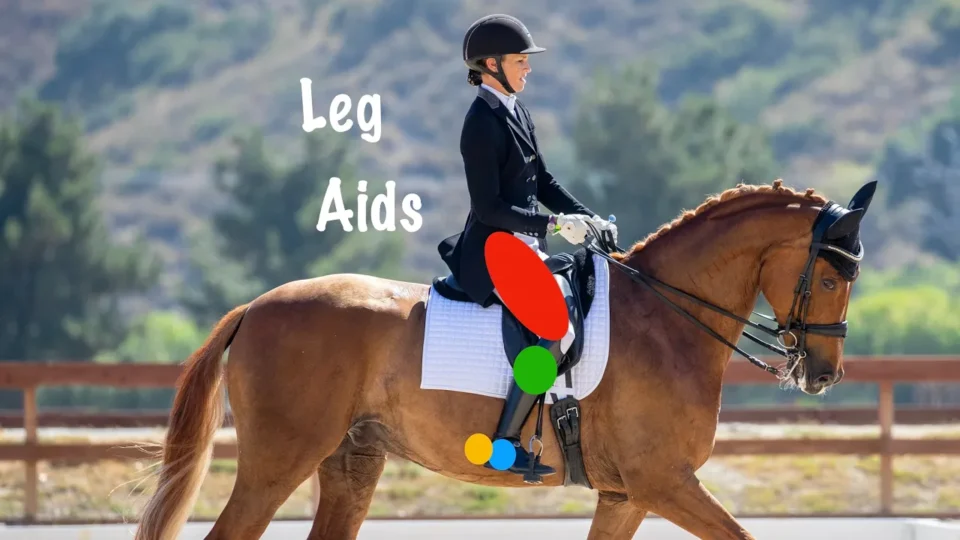A dressage rider on a brown horse demonstrates precise leg aids, with colored shapes highlighting the rider’s thigh, knee, calf, and lower leg areas. The words “Leg Aids” are written on the image.
