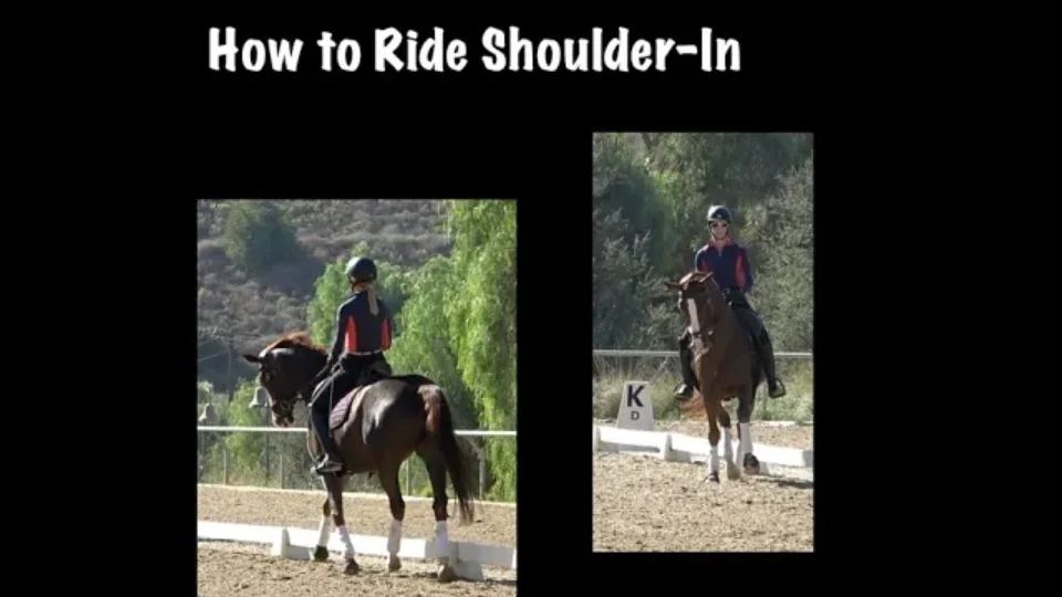 Two photos show a person wearing a helmet and riding a horse in an outdoor arena, demonstrating the shoulder-in dressage movement. Text above reads How to Ride Shoulder-In on a black background—perfect for horse riding enthusiasts.