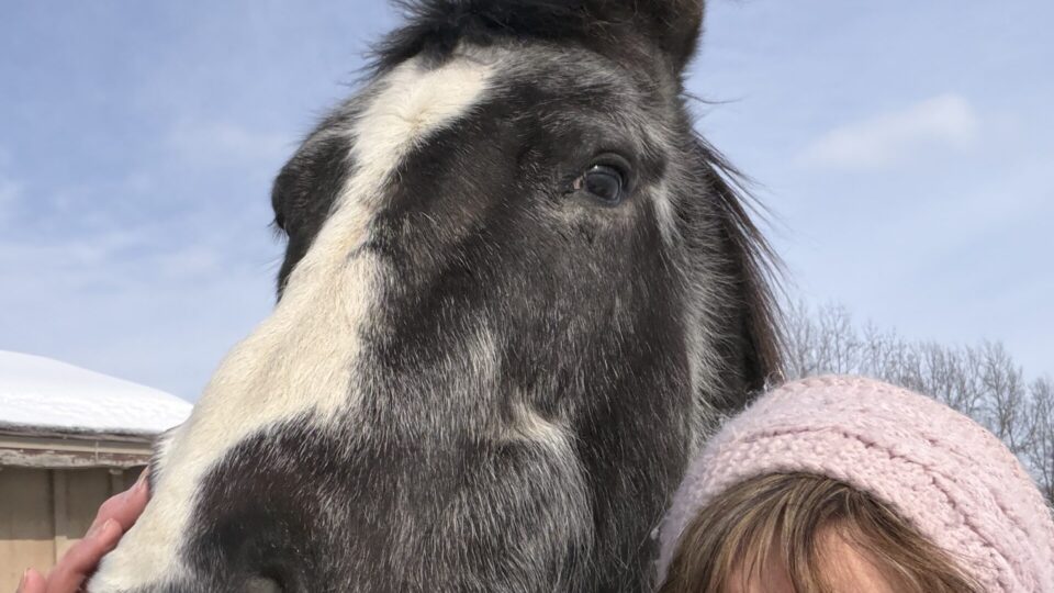 A student in a pink knit hat smiles as she poses for a close-up selfie outdoors with a black and white pinto horse, both enjoying the camaraderie developed through groundwork on a sunny winter day.