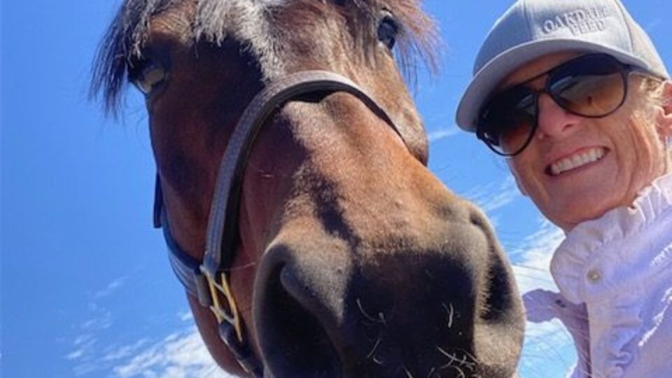 Member Becky, wearing sunglasses and a cap, smiles while standing next to a dark brown horse under a bright blue sky. Captured from a low angle, the horse’s powerful strides make it appear even larger against the scattered clouds.