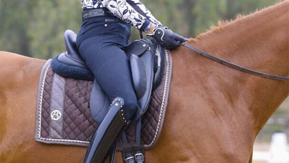 A smiling equestrian wearing a helmet, patterned long-sleeve shirt, riding pants, and Kingsley Boots sits on a chestnut horse with a brown saddle pad. The word Kingsley with a crown logo appears in the upper right corner.