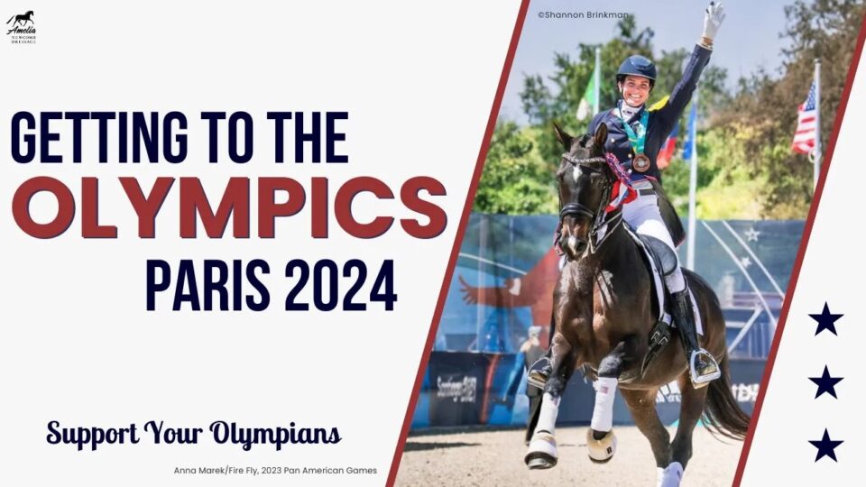 A smiling equestrian athlete in riding gear raises an arm while riding a black horse. Text reads Getting to the Olympics Paris 2024. Stars and Support Your Olympians highlight the Olympic season on a white background.