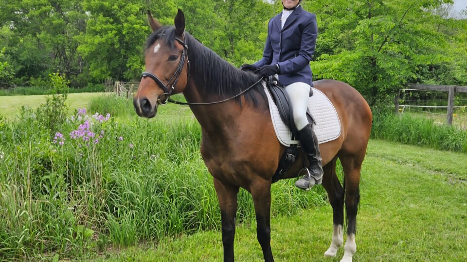 Member Christy, wearing a riding helmet and formal equestrian attire, sits atop a brown horse with a white saddle pad outdoors, enjoying strides across grassy areas with green trees and flowers in the background.