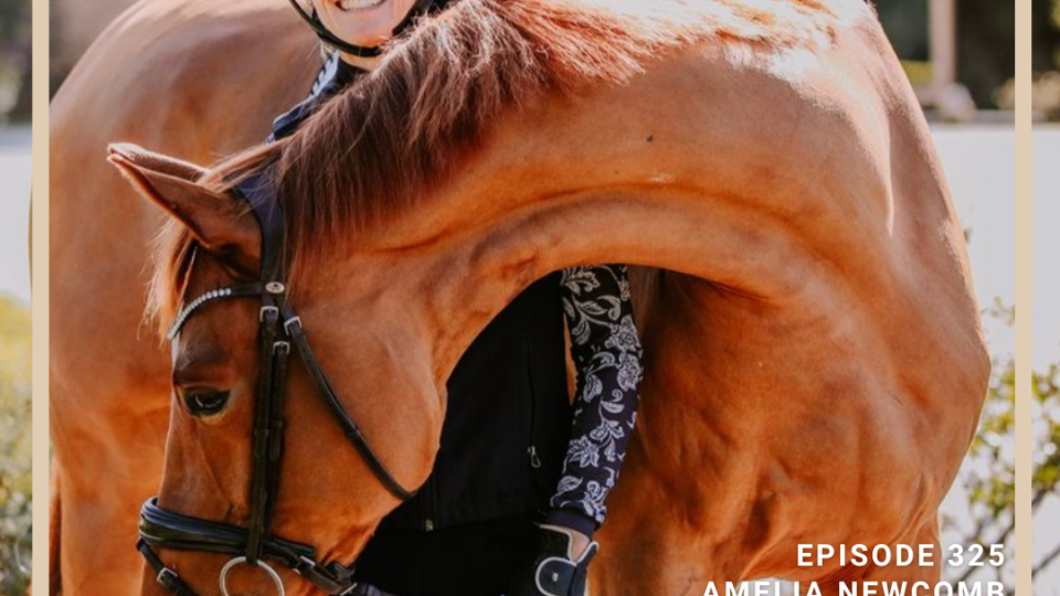 A smiling equestrian in a helmet stands beside a brown horse that bends its neck around her. Text on the image reads: Episode 325 Amelia Newcomb Equestrian Podcast—your favorite equestrian podcast.