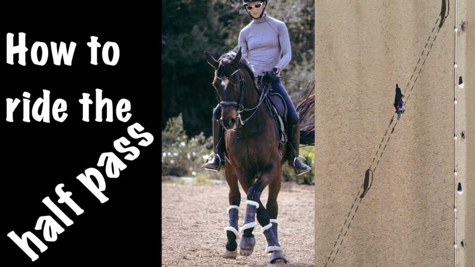A rider on a dark horse performs the riding half pass; a diagram on the right shows the horse’s path. Large white text on black reads, How to ride half pass.