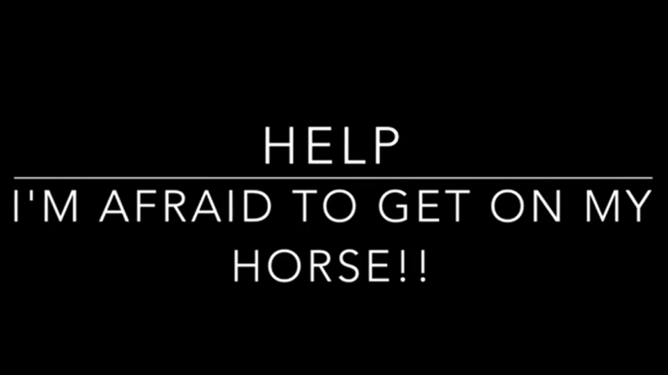 White text on a black background reads: HELP. I’m afraid to get on my horse!! with a horizontal line separating HELP from the rest of the text, capturing a moment of fear and vulnerability.
