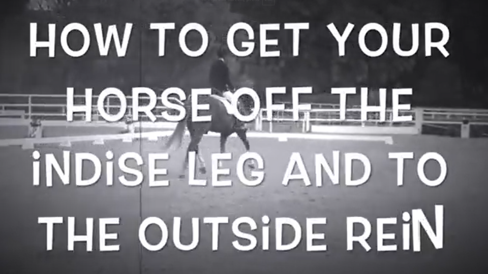 Black-and-white image of a person riding a horse in an outdoor arena, overlaid with large text: Master riding connection—how to get your horse off the inside leg and to the outside rein using proven dressage techniques.