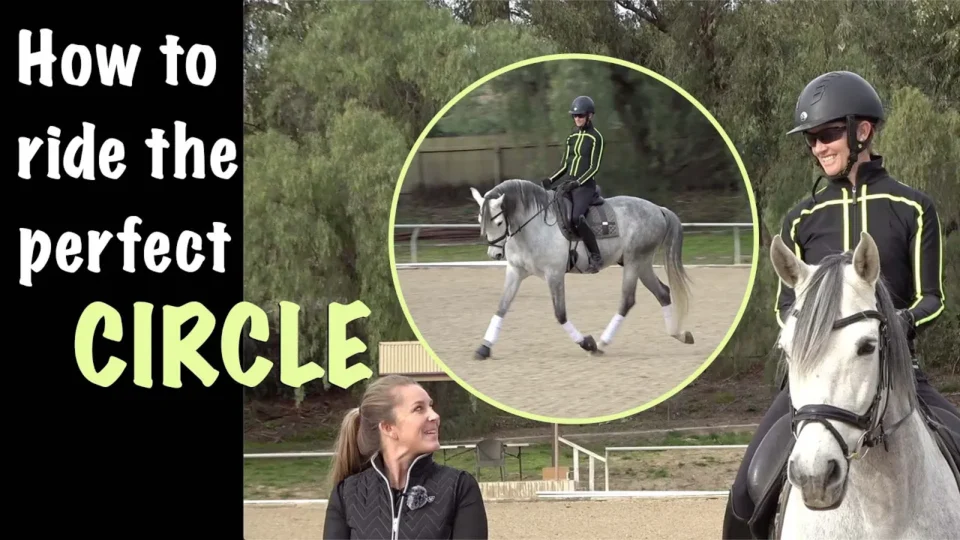 A smiling rider in black and neon green rides a gray horse in an arena. Text on the left reads How to ride the perfect CIRCLE, highlighting dressage basics. An inset shows them riding a perfect circle. Trees and sand arena are in the background.