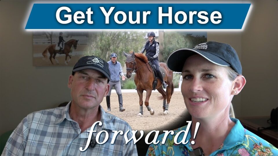 Two people in hats sit in the foreground; behind them, a rider on a horse is being coached in an arena. Text reads: Get Your Horse forward! Struggling when your horse won't go forward? Discover effective horse training tips here.