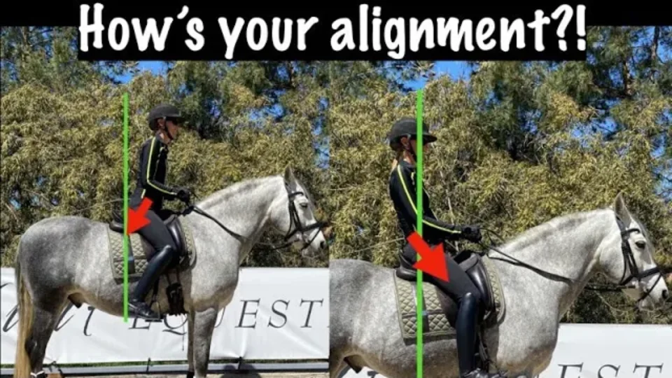 A side-by-side comparison of a rider on a gray horse, showing posture with green lines and red arrows highlighting alignment and stability differences, under the text How’s your alignment?!. Trees are in the background.