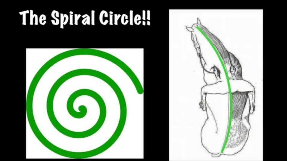 A green spiral appears on the left, while on the right, a black-and-white horse and rider are overlaid with a green curved line mirroring the Spiral Circle. Text reads The Spiral Circle!!.