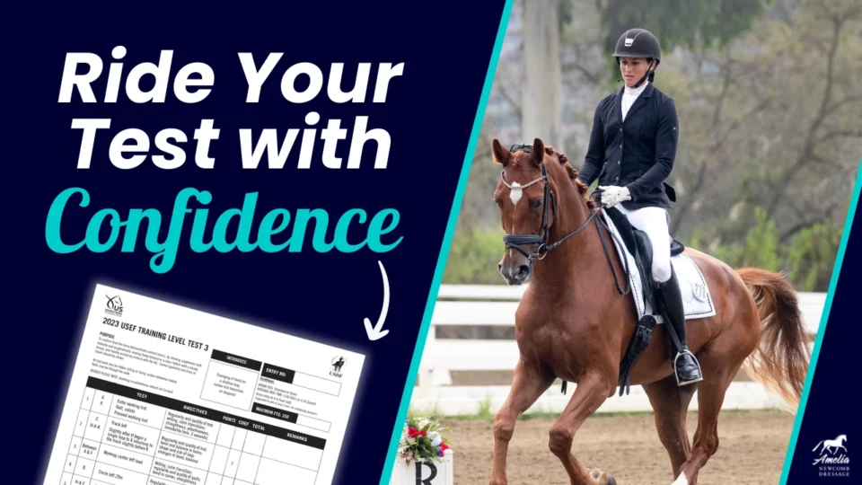 A dressage rider in full riding attire rides a chestnut horse in an arena. Text reads “Ride Your Test with Confidence.” Dressage show tips and a test score sheet are shown in the lower left corner with an arrow pointing to it.