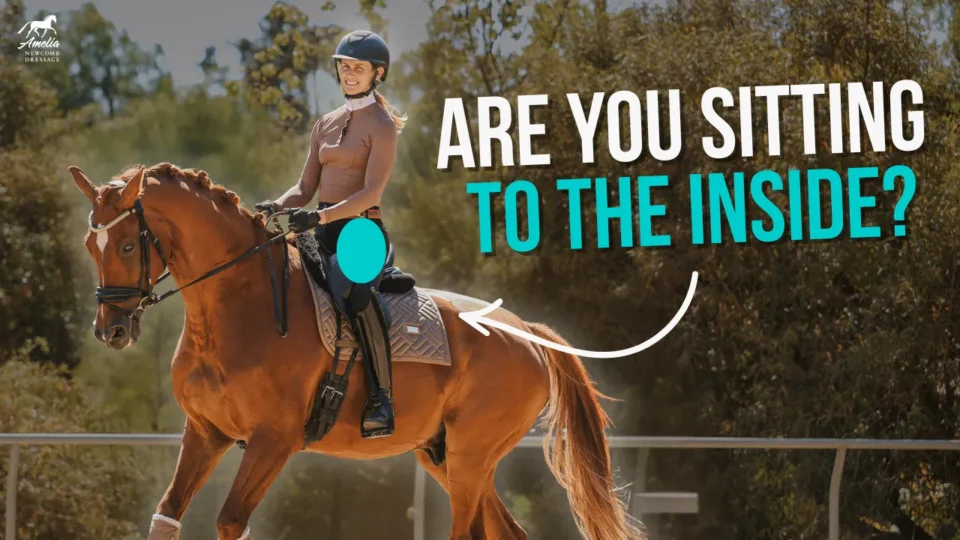 A person wearing a helmet rides a chestnut horse outdoors. Text reads ARE YOU SITTING TO THE INSIDE SEAT BONE? with an arrow pointing to the rider’s seat, helping improve horse’s balance. Trees and sunlight are visible in the background.