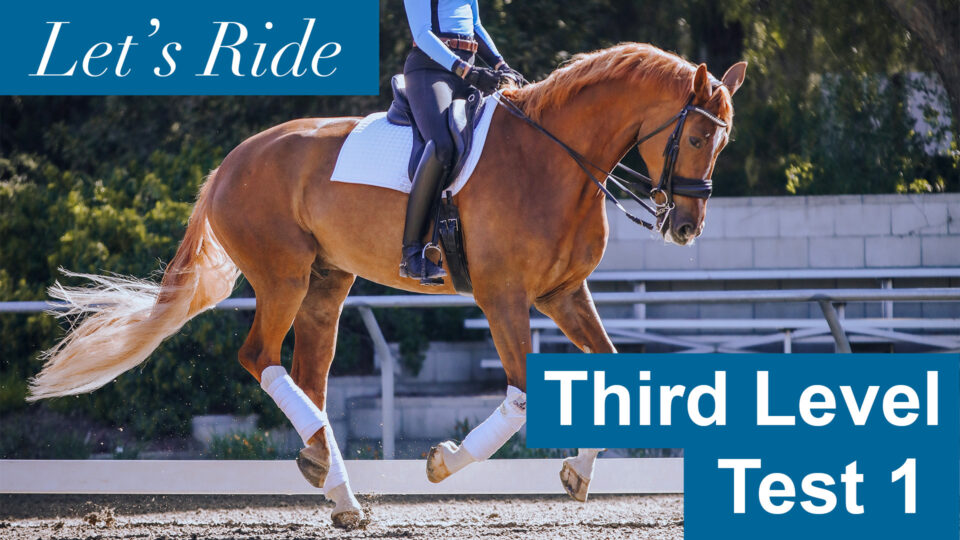 A rider in a blue top and helmet rides a chestnut horse mid-stride in an outdoor arena. Text reads “Let’s Ride” and “Third Level Test 1.” The horse, wearing white wraps and a saddle pad, demonstrates movements from this dressage test.