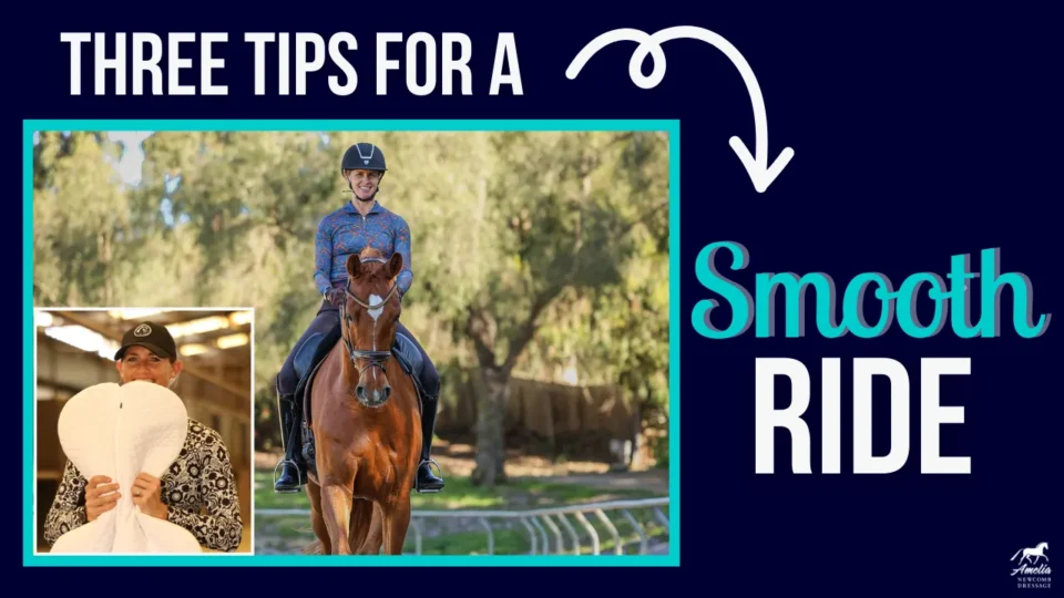 A smiling equestrian rides a chestnut horse outdoors, demonstrating balance. Inset shows a person holding a white fan covering their face. Text reads: Three Tips for a Better Ride with an arrow pointing to the words Smooth Ride.
