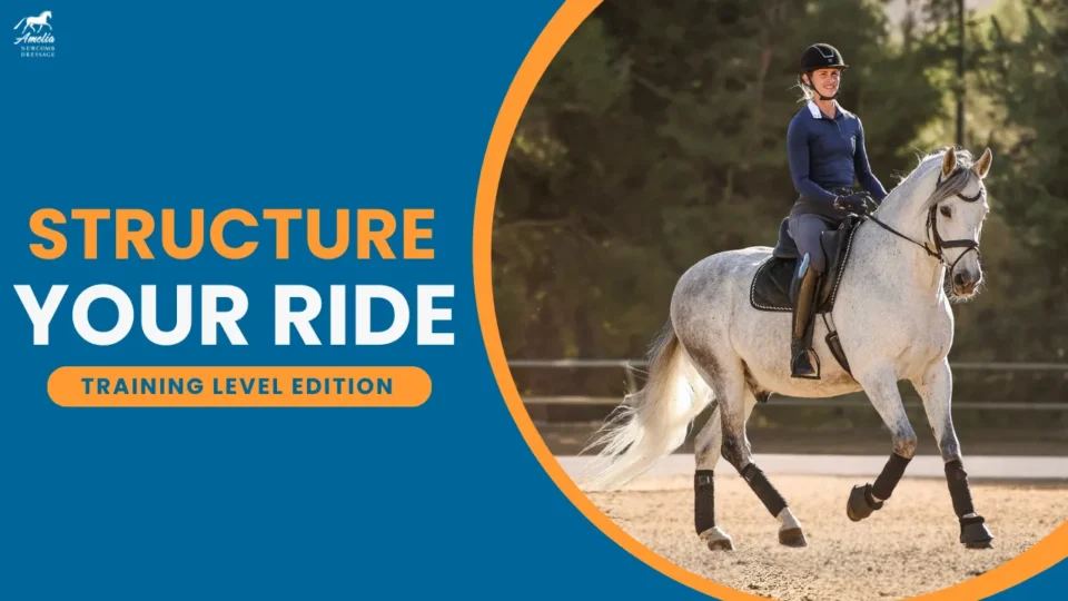 A rider in formal attire rides a grey horse in an outdoor arena. The image has a blue and orange overlay with the text: Structure Your Ride - Training Level Edition, featuring a simple riding plan to structure your rides effectively.