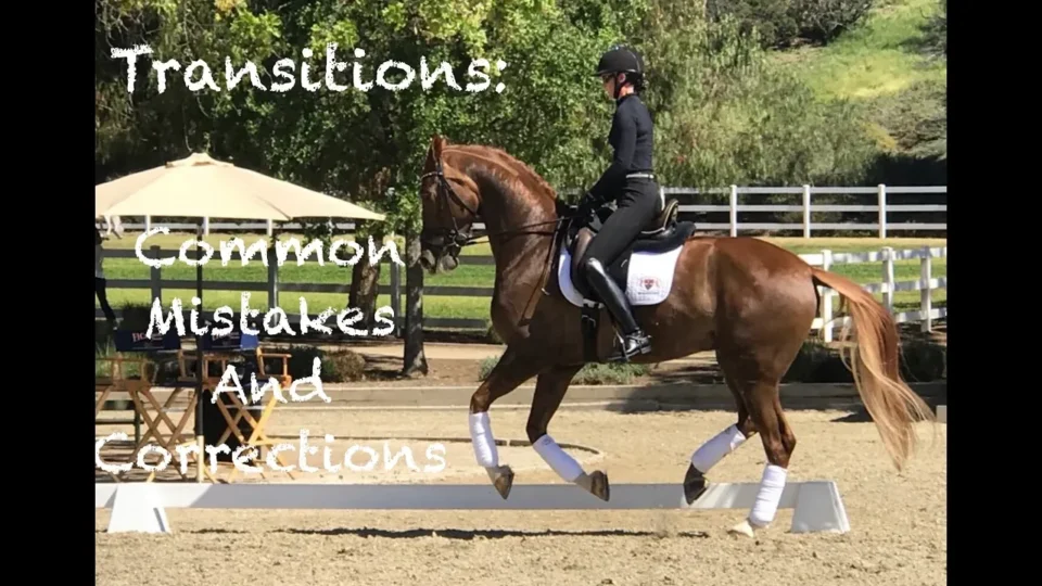A rider in black gear is performing dressage on a chestnut horse in an outdoor arena, showcasing seat transitions. Text on the image reads: Transitions: Common Mistakes and Corrections. Trees and a tent are visible in the background.