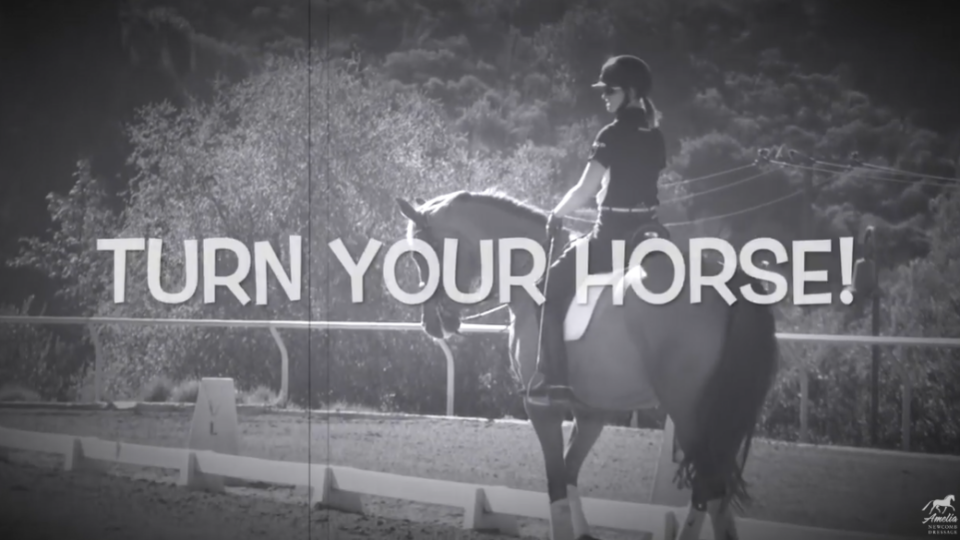 A person wearing a helmet rides a Dressage horse in an outdoor arena, with the large text TURN YOUR HORSE! overlaid on the black-and-white image. Trees and hills are visible in the background, highlighting dressage training and how to turn.