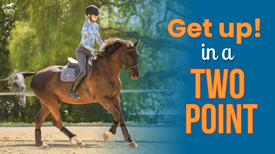 A person rides a brown horse in an outdoor arena, demonstrating a two point canter position. Large text on the right reads: Get up! in a TWO POINT with a blue and orange color scheme.