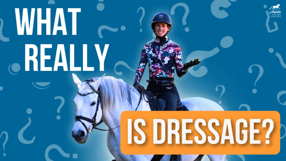 A smiling person in a helmet and floral top sits on a white horse against a blue background with question marks, capturing the elegance of dressage. Large text reads What really is dressage? with is dressage? highlighted in orange.