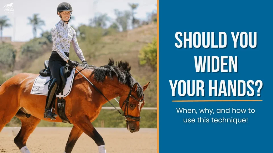 A smiling equestrian rides a brown horse in an outdoor arena. Text beside them reads: Should you widen your hands? When, why, and how to use this technique! The background shows trees and hills—similar to cycling hand position advice.