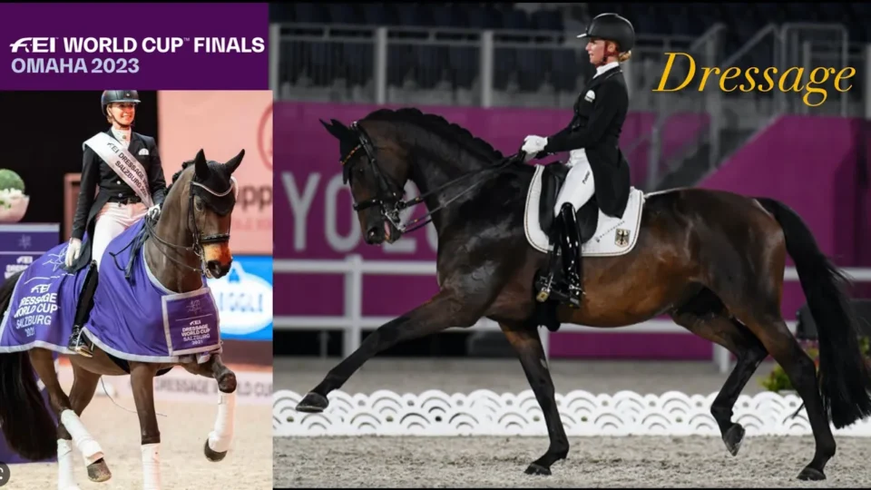 A female equestrian in formal dress rides a dark horse at a World Cup dressage event; left side shows her posing with a winner’s sash at the FEI World Cup Finals Omaha 2023. Text reads “Dressage.”.